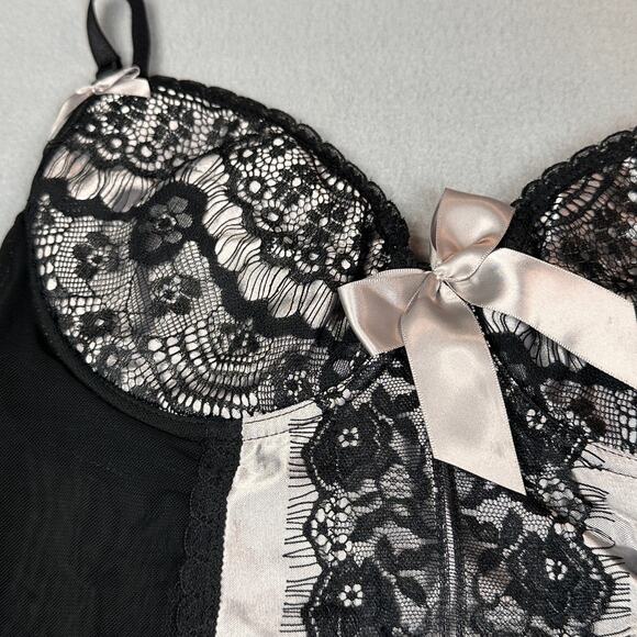 iCollection Nightie Womens Medium Black Silver Lace V Neck Bustier Corset Style - Picture 8 of 13